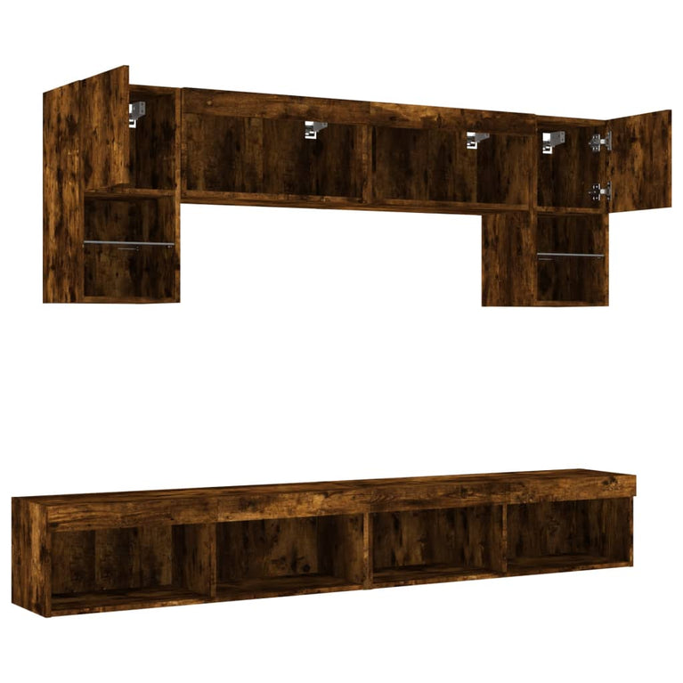 6-delige tv-wandmeubelset met LED bewerkt hout gerookt eiken