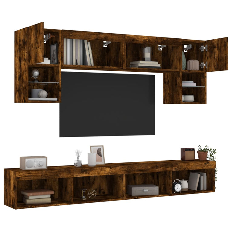 6-delige tv-wandmeubelset met LED bewerkt hout gerookt eiken