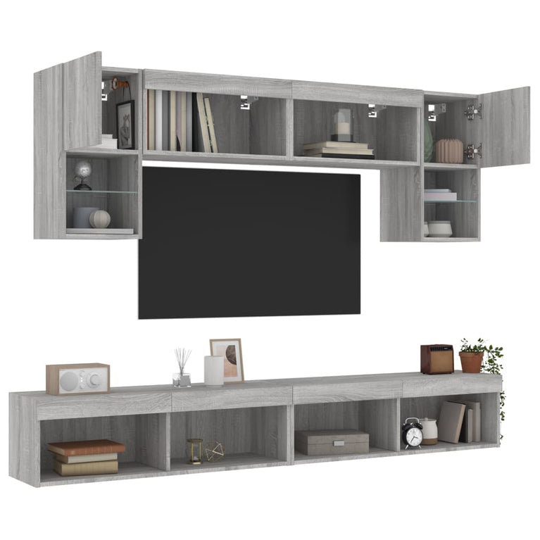 6-delige Tv-wandmeubelset met LED grijs sonoma eikenkleurig