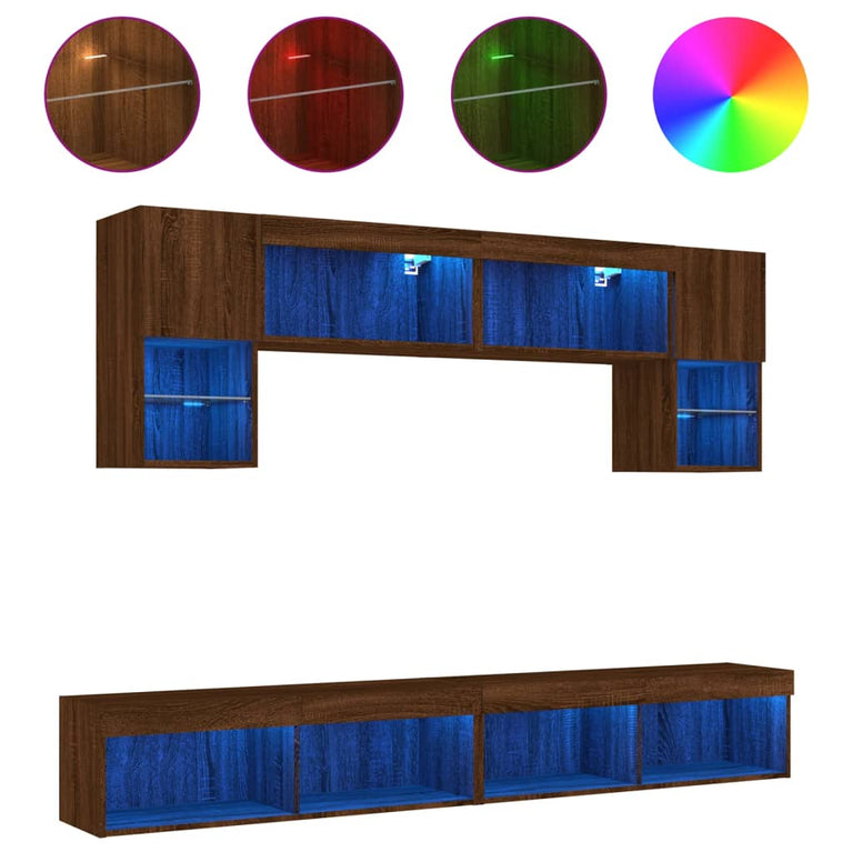 6-delige Tv-wandmeubelset met LED bewerkt hout bruineikenkleur
