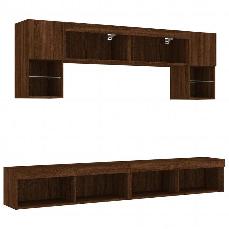 6-delige Tv-wandmeubelset met LED bewerkt hout bruineikenkleur