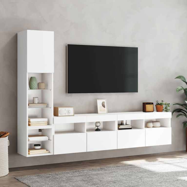 4-delige Tv-wandmeubelset met LED-verlichting bewerkt hout wit