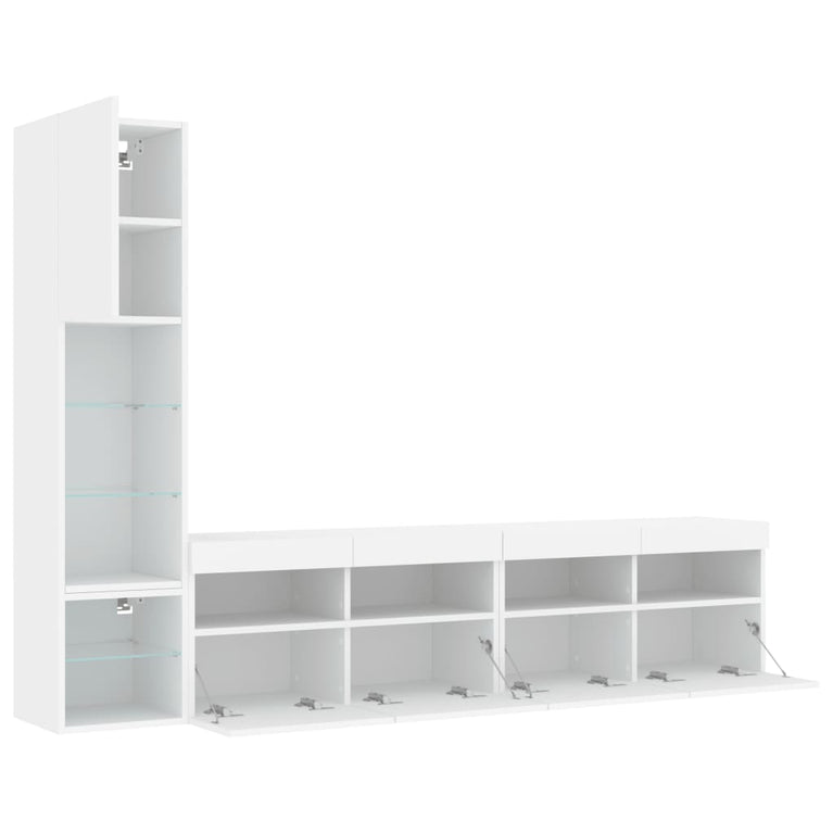 4-delige Tv-wandmeubelset met LED-verlichting bewerkt hout wit