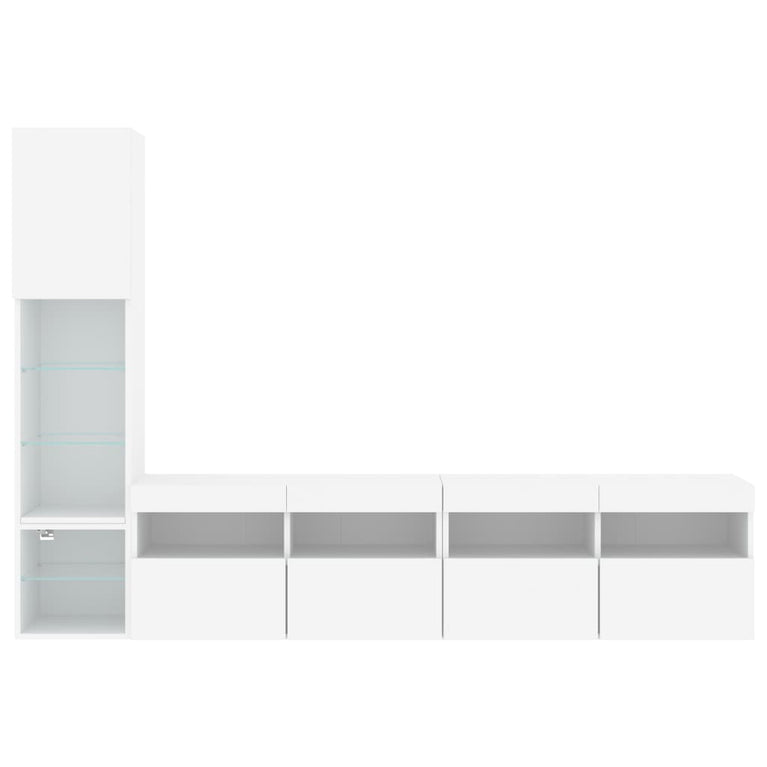 4-delige Tv-wandmeubelset met LED-verlichting bewerkt hout wit
