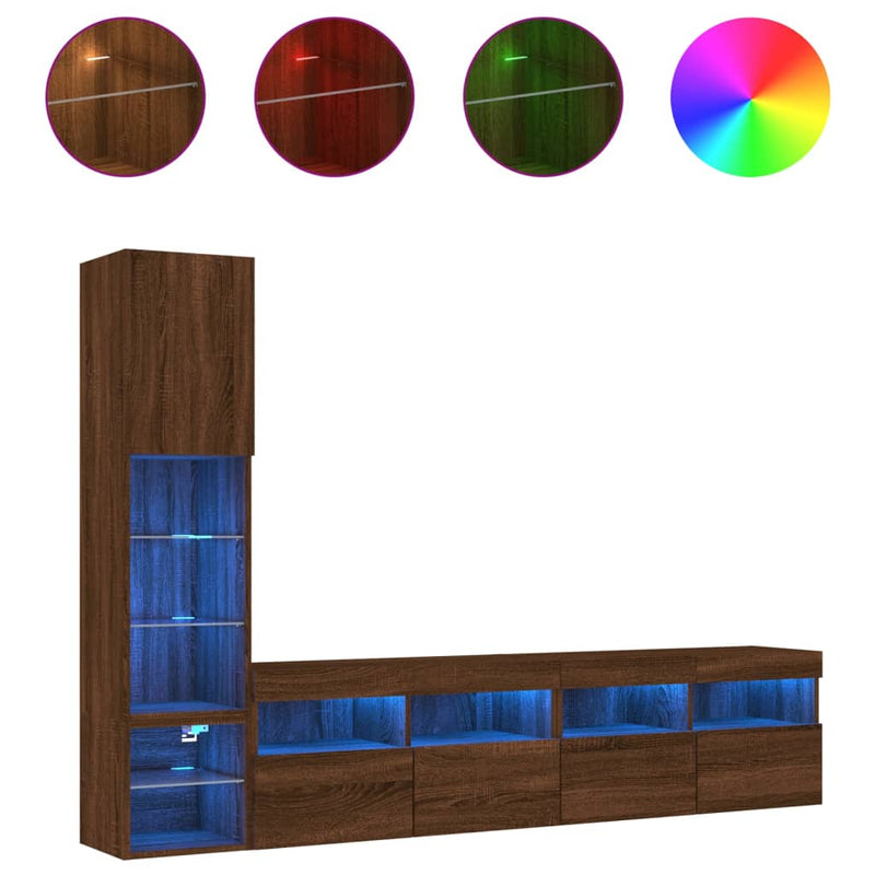 4-delige Tv-wandmeubelset met LED bewerkt hout bruineikenkleur