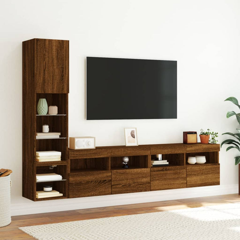 4-delige Tv-wandmeubelset met LED bewerkt hout bruineikenkleur