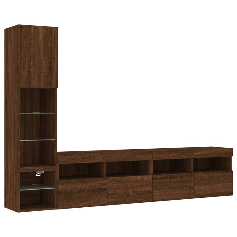 4-delige Tv-wandmeubelset met LED bewerkt hout bruineikenkleur