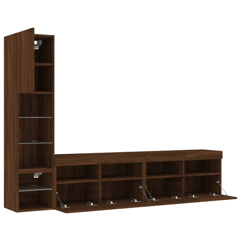 4-delige Tv-wandmeubelset met LED bewerkt hout bruineikenkleur