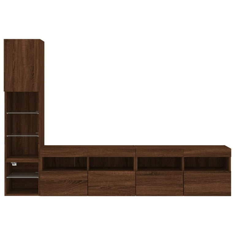 4-delige Tv-wandmeubelset met LED bewerkt hout bruineikenkleur