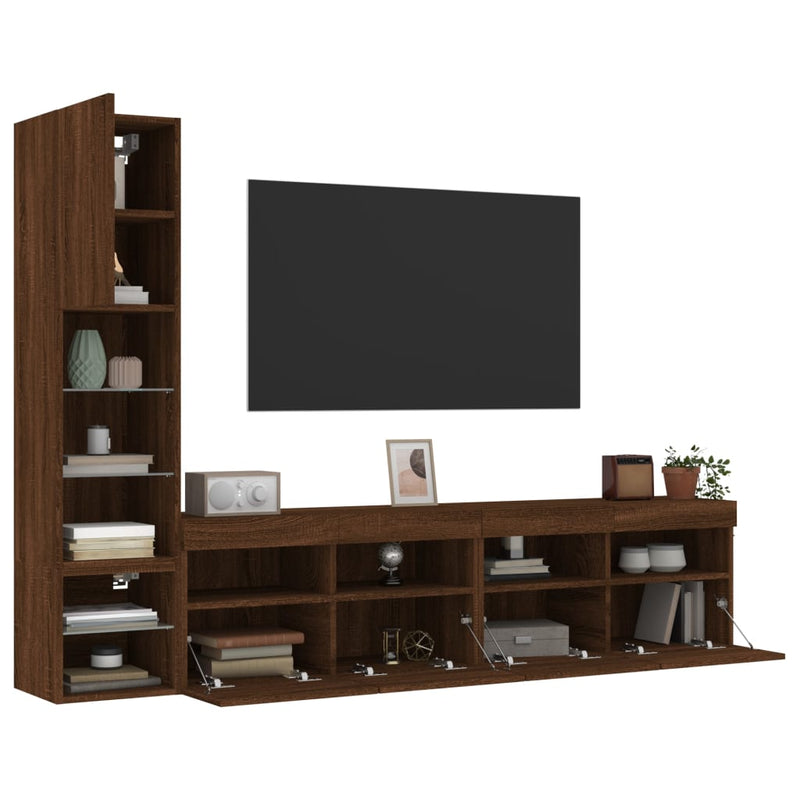 4-delige Tv-wandmeubelset met LED bewerkt hout bruineikenkleur