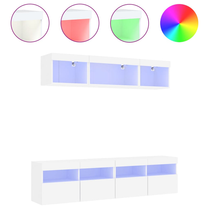 5-delige Tv-wandmeubelset met LED-verlichting bewerkt hout wit