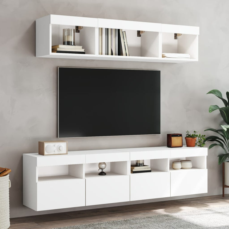 5-delige Tv-wandmeubelset met LED-verlichting bewerkt hout wit