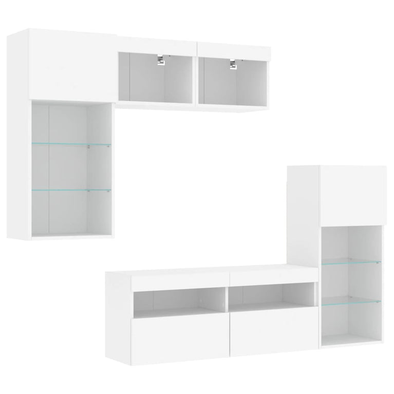 5-delige Tv-wandmeubelset met LED-verlichting bewerkt hout wit