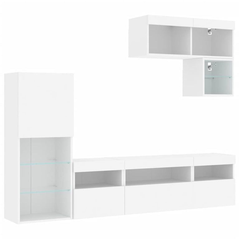 6-delige Tv-wandmeubelset met LED-verlichting bewerkt hout wit