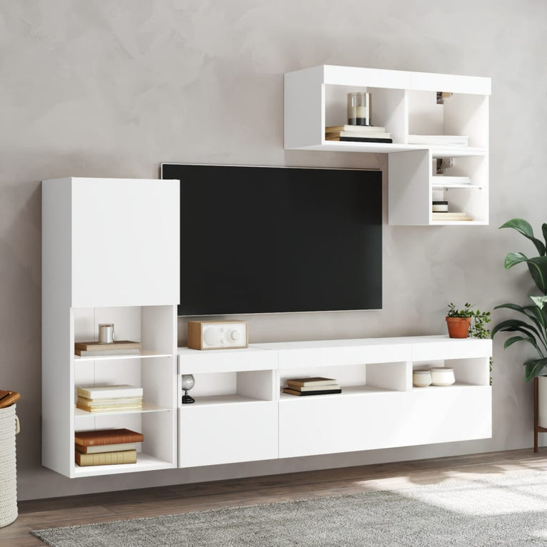6-delige Tv-wandmeubelset met LED-verlichting bewerkt hout wit