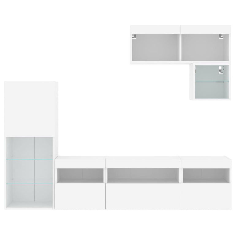 6-delige Tv-wandmeubelset met LED-verlichting bewerkt hout wit