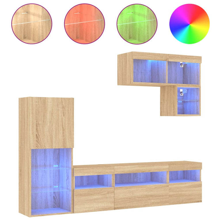 6-delige Tv-wandmeubelset met LED bewerkt hout sonoma eiken