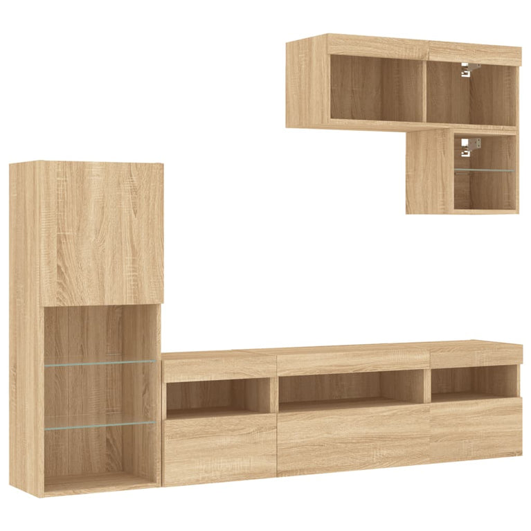 6-delige Tv-wandmeubelset met LED bewerkt hout sonoma eiken