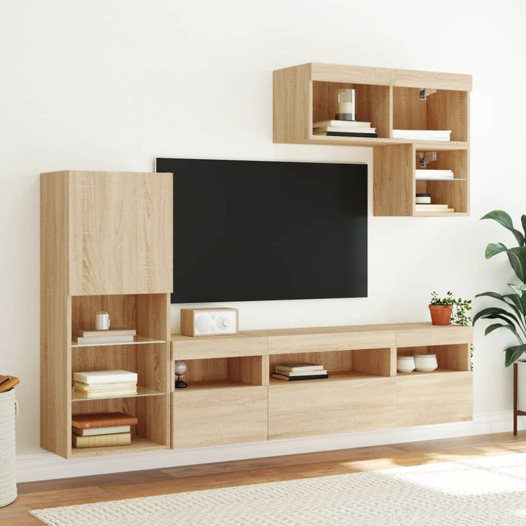 6-delige Tv-wandmeubelset met LED bewerkt hout sonoma eiken