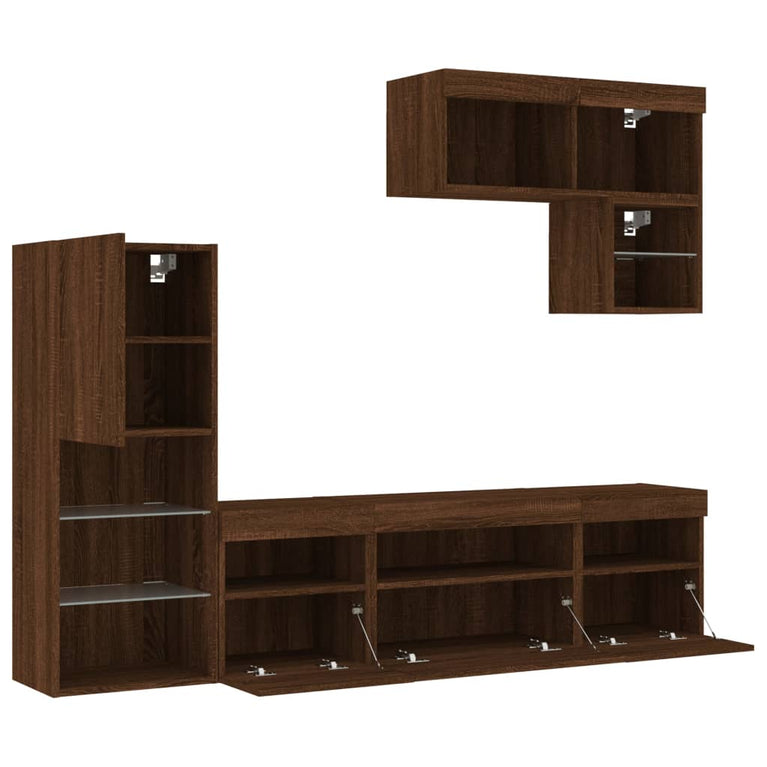 6-delige Tv-wandmeubelset met LED bewerkt hout bruineikenkleur