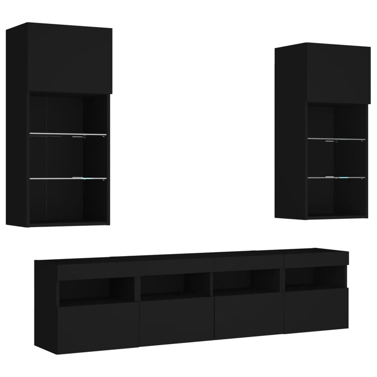 5-delige Tv-wandmeubelset met LED bewerkt hout zwart