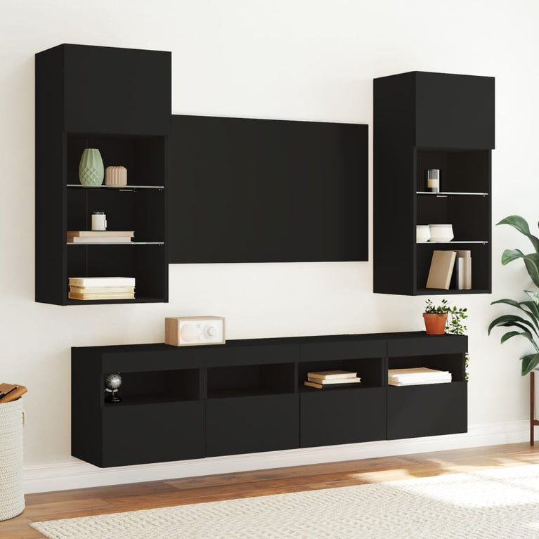 5-delige Tv-wandmeubelset met LED bewerkt hout zwart
