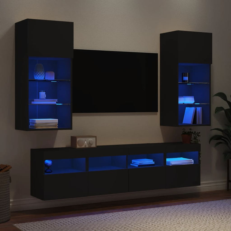 5-delige Tv-wandmeubelset met LED bewerkt hout zwart