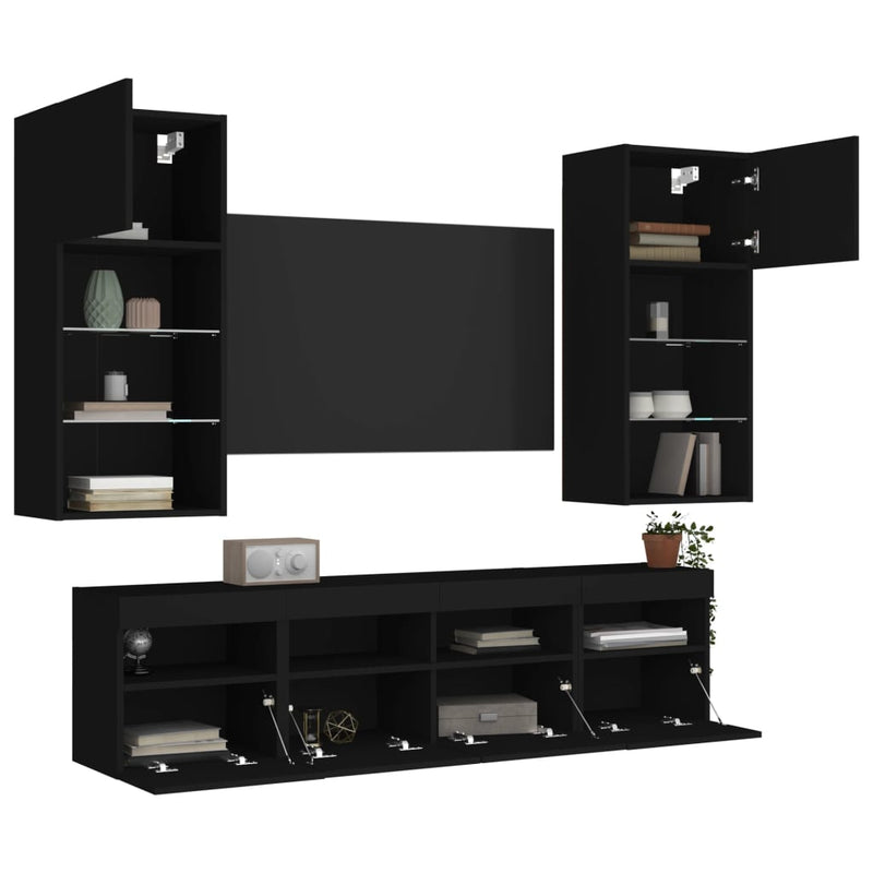 5-delige Tv-wandmeubelset met LED bewerkt hout zwart