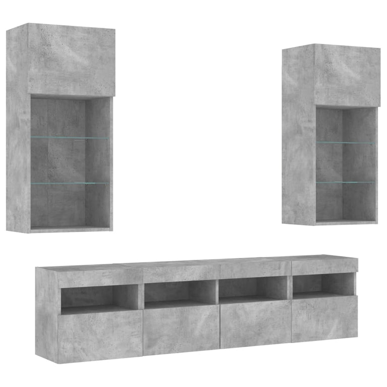 5-delige Tv-wandmeubelset met LED bewerkt hout betongrijs