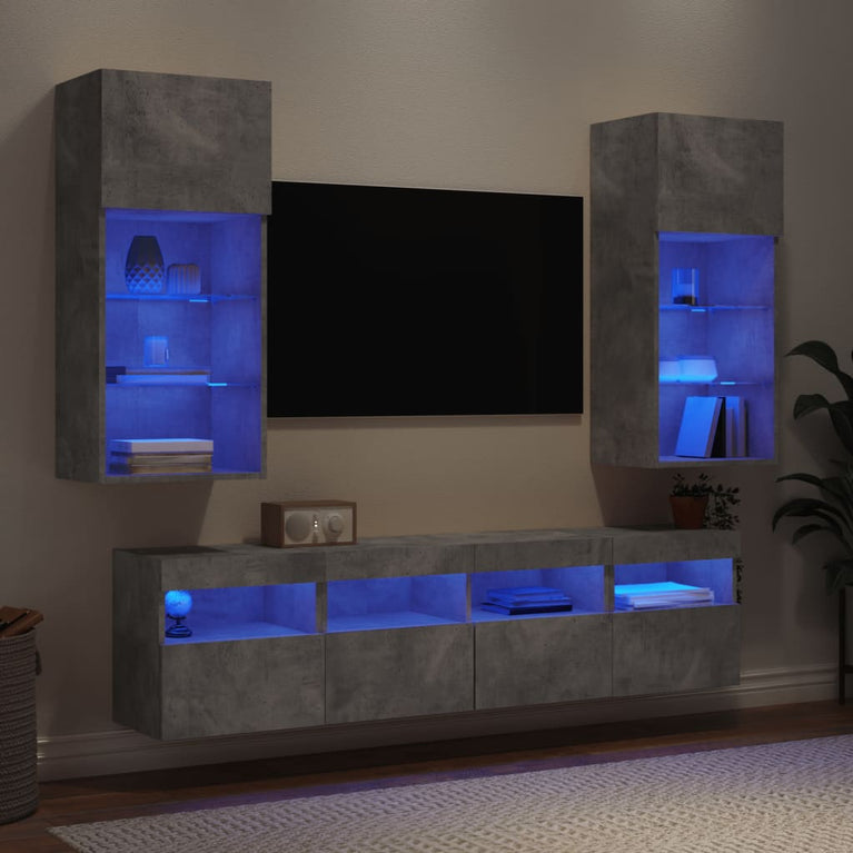 5-delige Tv-wandmeubelset met LED bewerkt hout betongrijs