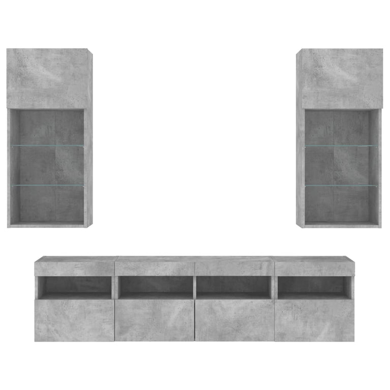 5-delige Tv-wandmeubelset met LED bewerkt hout betongrijs
