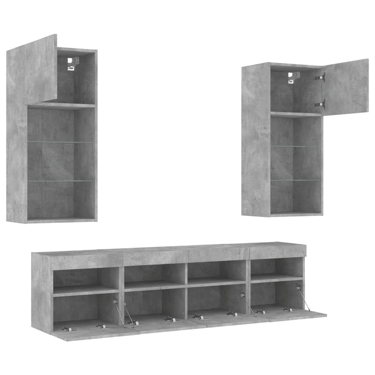 5-delige Tv-wandmeubelset met LED bewerkt hout betongrijs