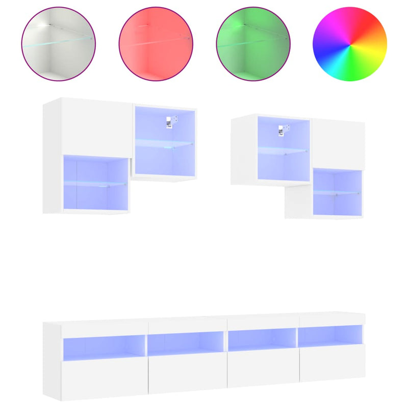 6-delige Tv-wandmeubelset met LED-verlichting wit
