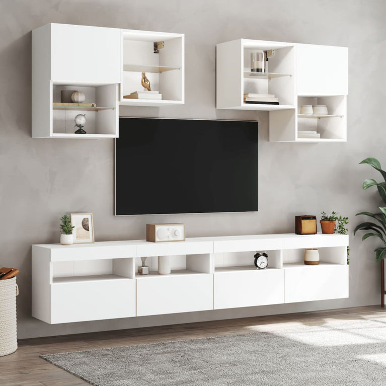 6-delige Tv-wandmeubelset met LED-verlichting wit