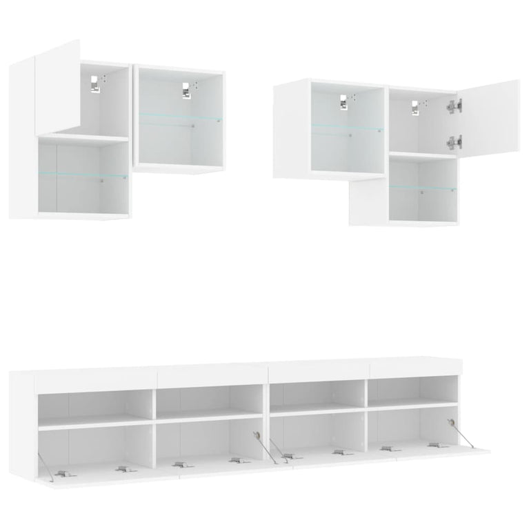 6-delige Tv-wandmeubelset met LED-verlichting wit