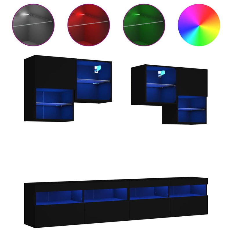 6-delige Tv-wandmeubelset met LED-verlichting zwart