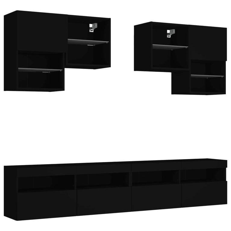 6-delige Tv-wandmeubelset met LED-verlichting zwart