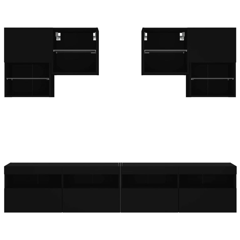 6-delige Tv-wandmeubelset met LED-verlichting zwart