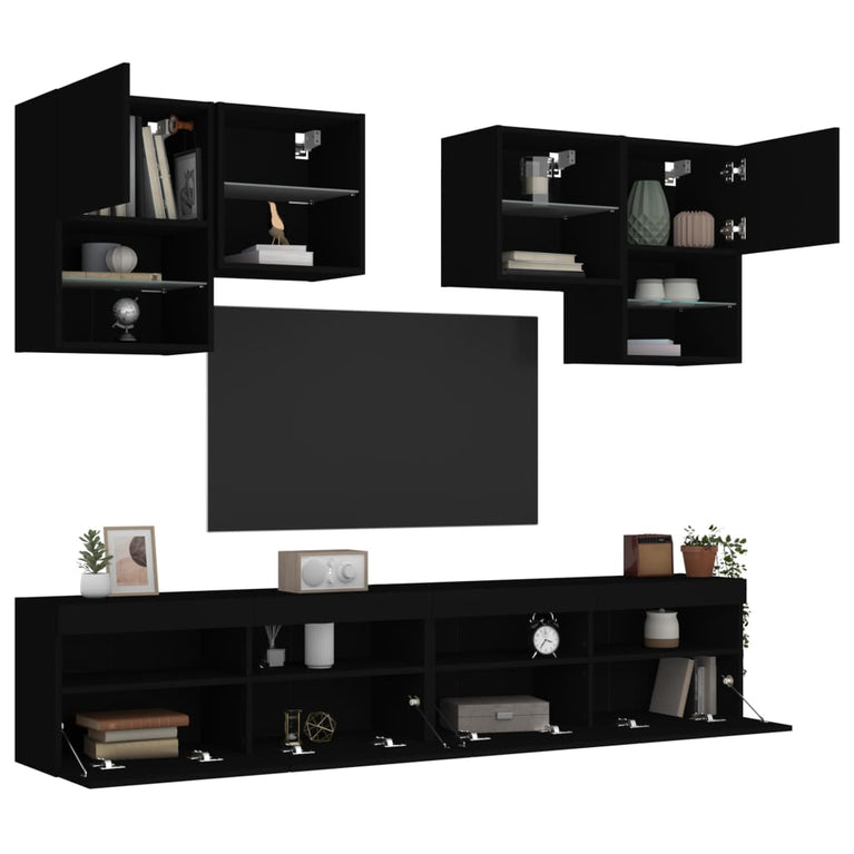 6-delige Tv-wandmeubelset met LED-verlichting zwart