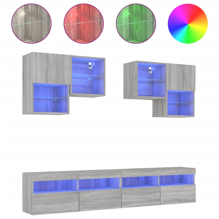 6-delige Tv-wandmeubelset met LED-verlichting grijs sonoma