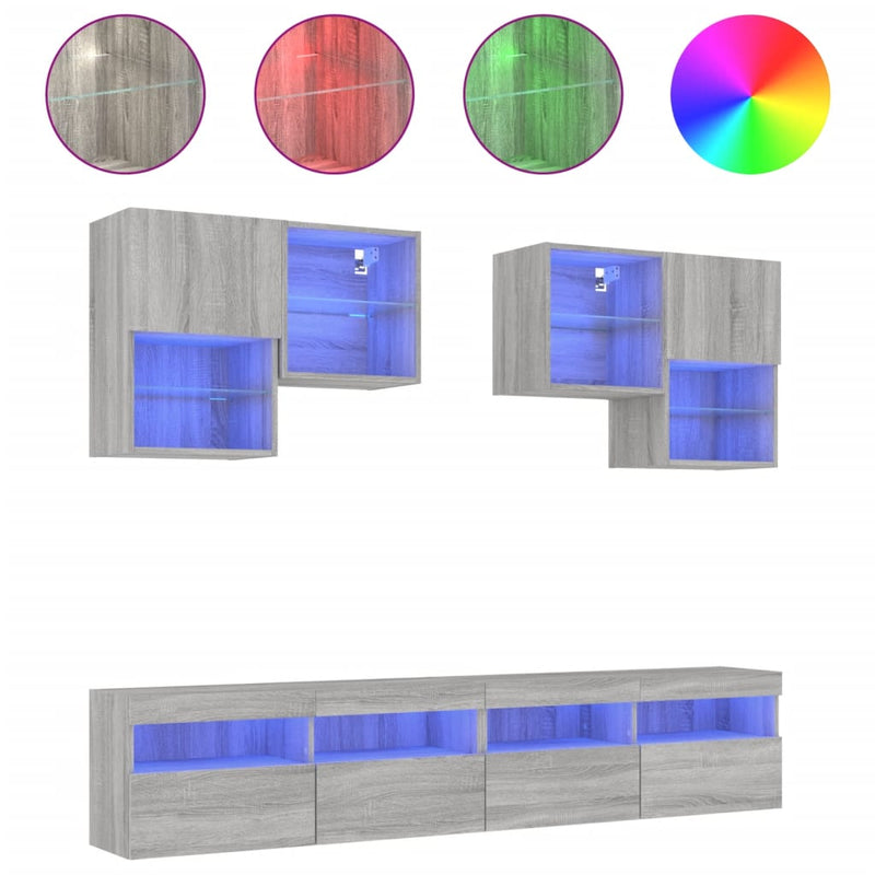 6-delige Tv-wandmeubelset met LED-verlichting grijs sonoma
