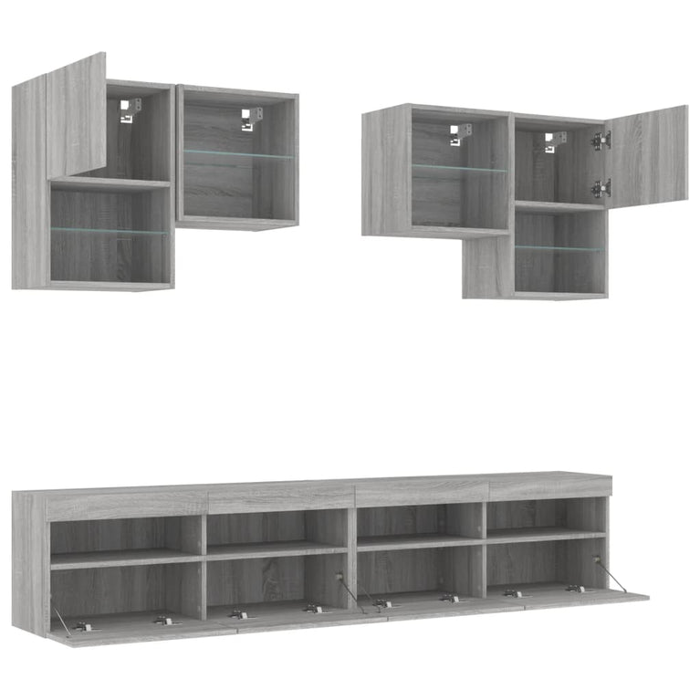 6-delige Tv-wandmeubelset met LED-verlichting grijs sonoma