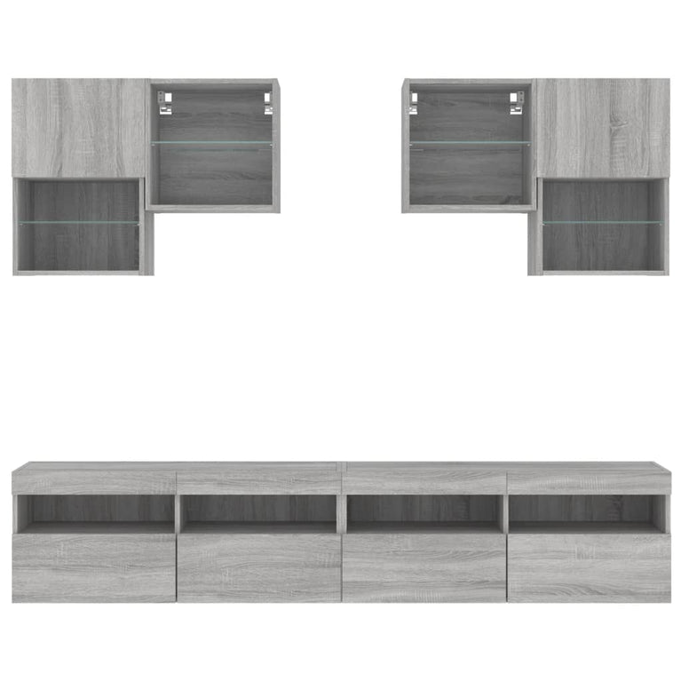 6-delige Tv-wandmeubelset met LED-verlichting grijs sonoma
