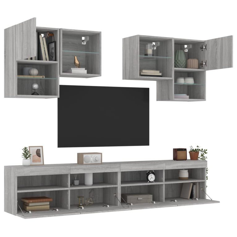 6-delige Tv-wandmeubelset met LED-verlichting grijs sonoma
