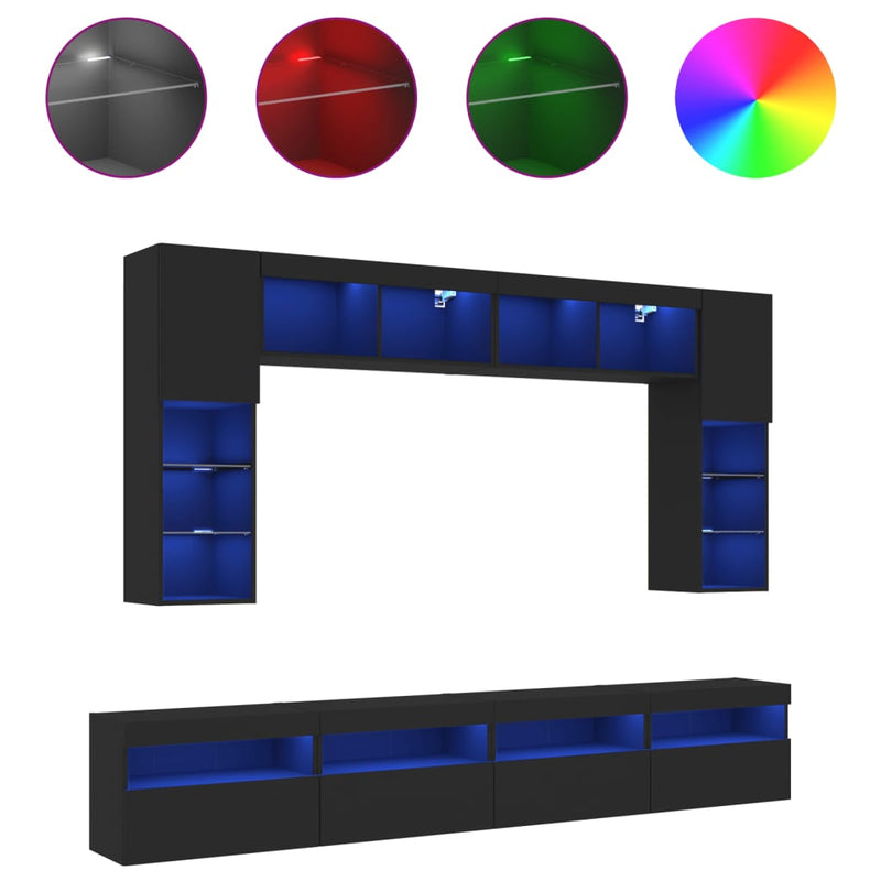 8-delige Tv-wandmeubelset met LED-verlichting zwart