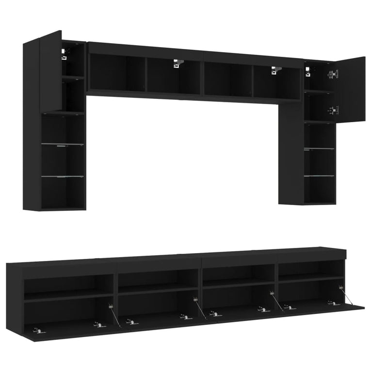 8-delige Tv-wandmeubelset met LED-verlichting zwart