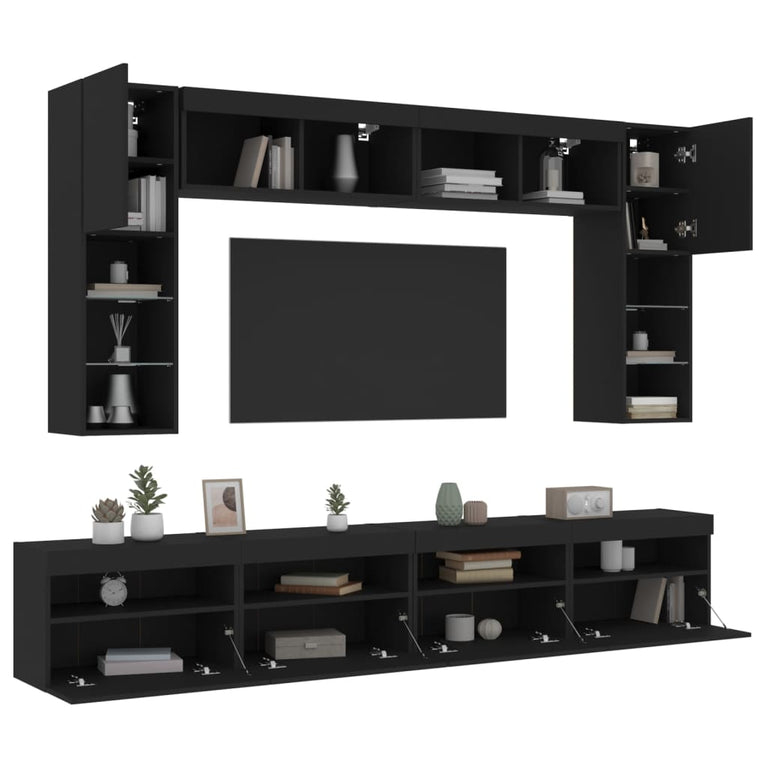 8-delige Tv-wandmeubelset met LED-verlichting zwart