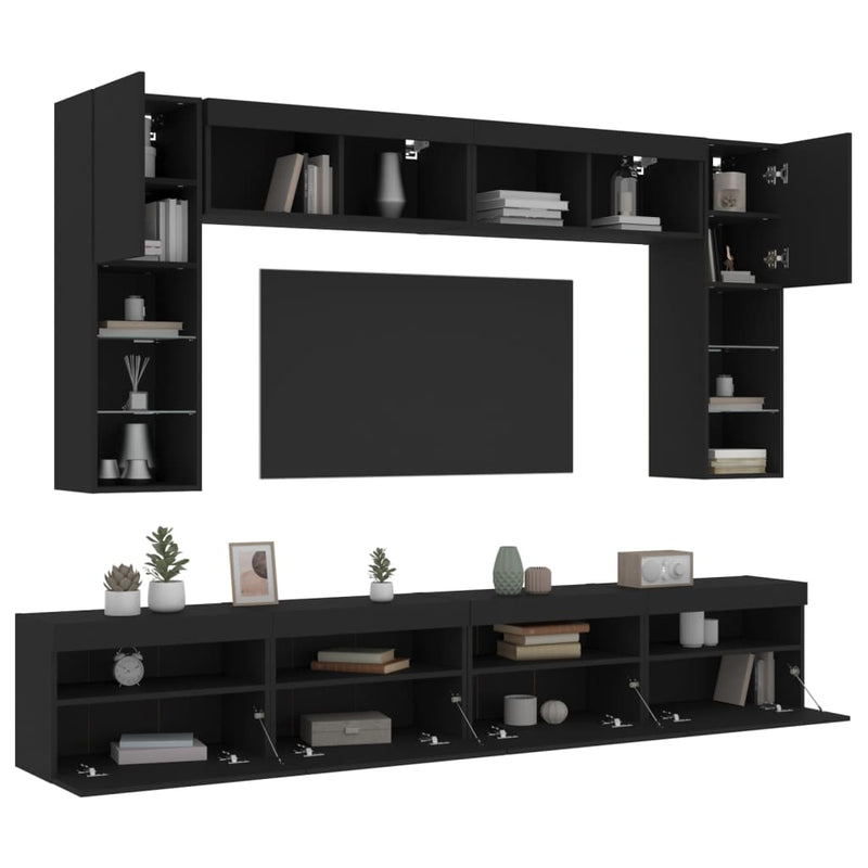 8-delige Tv-wandmeubelset met LED-verlichting zwart