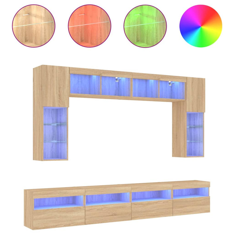 8-delige Tv-wandmeubelset met LED-verlichting sonoma eikenkleur