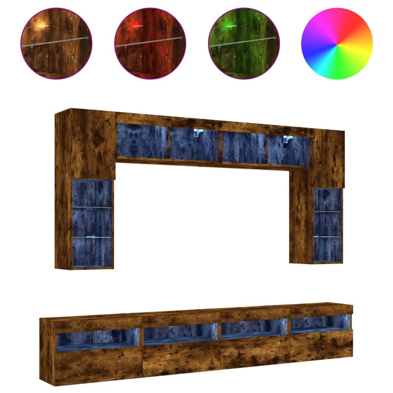 8-delige Tv-wandmeubelset met LED-verlichting gerookt eiken